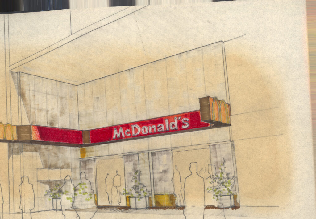São Bento — fachada com letreiro vertical, enquadramento fechado — P0015 — McDonald’s Rua São Bento, São Paulo/SP — F016-P0015-1981-S01-D00010