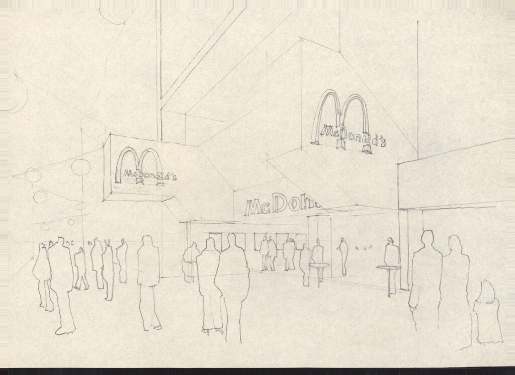 Estudo de fachada com letreiros — croqui a grafite — P0015 — McDonald’s Rua São Bento, São Paulo/SP — F016-P0015-1981-S01-D00013
