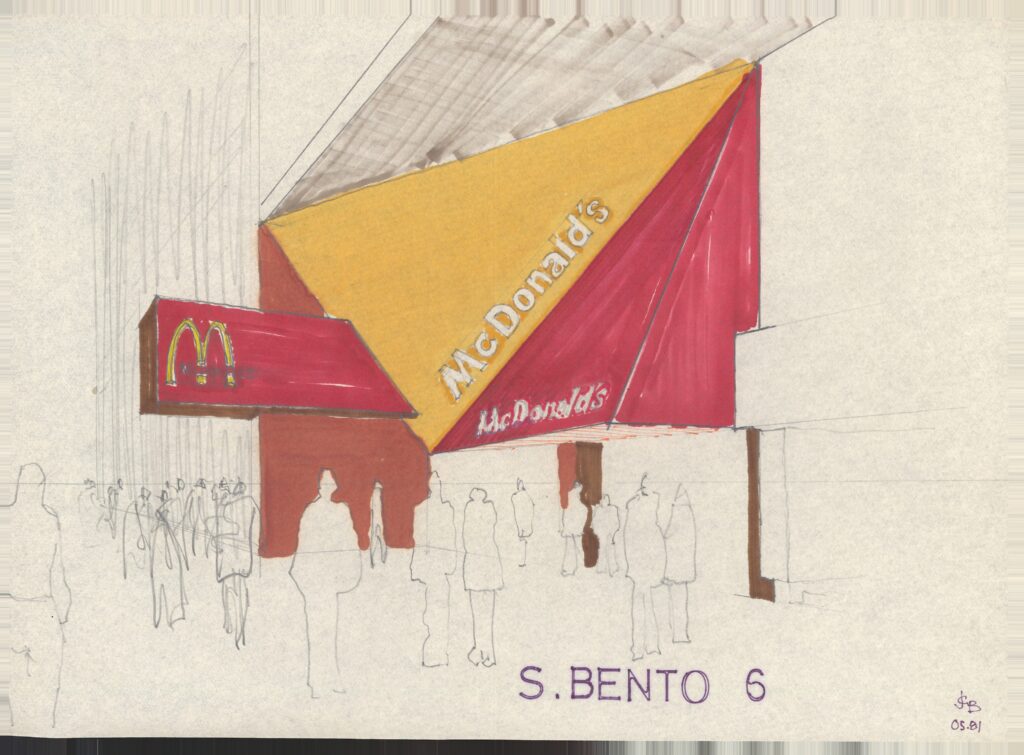 São Bento 6 — fachada com marquise triangular e letreiro — P0015 — McDonald’s Rua São Bento, São Paulo/SP — F016-P0015-1981-S01-D00016