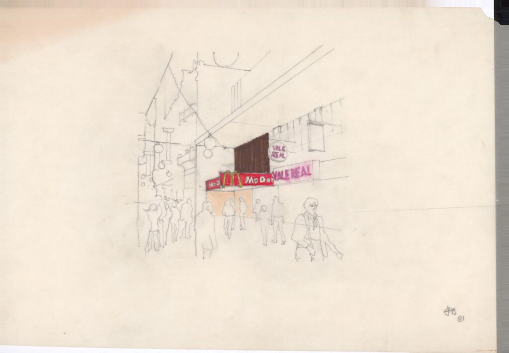 Perspectiva de rua — estudo de fachada e comunicação visual — P0015 — McDonald’s Rua São Bento, São Paulo/SP — F016-P0015-1981-S01-D00022
