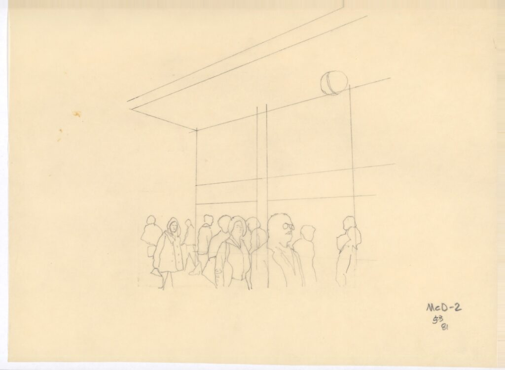 Vitrina e fila de público junto à esquadria — croqui de perspectiva interna — P0016 — McDonald’s McD-2, São Paulo/SP — F016-P0016-1981-S01-D00001