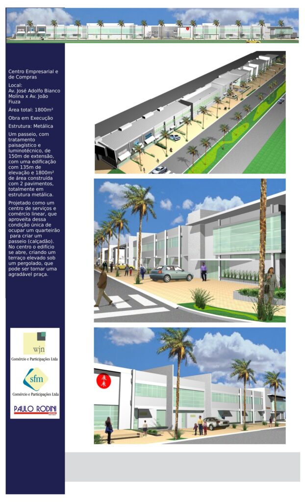 Painel de apresentação 1 — vista aérea e perspectivas da fachada — P0003 — Centro Empresarial e de Compras, Ribeirão Preto/SP — F020-P0003-2004-S01-D00013