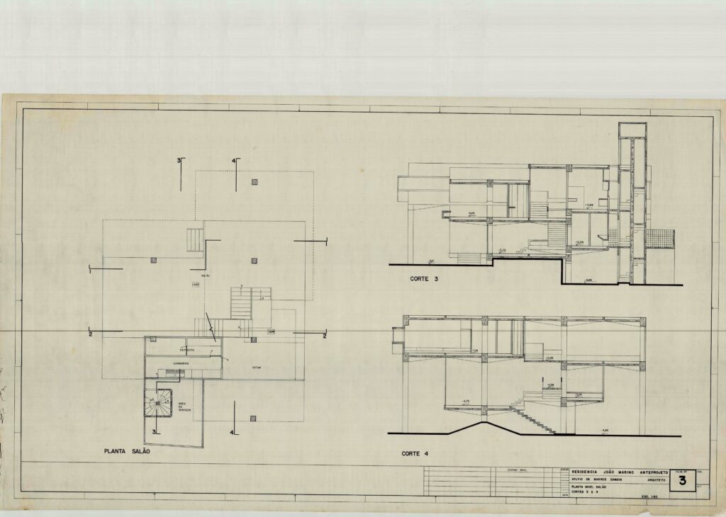 Planta nível salão e cortes 3 e 4 (anteprojeto) — P0001 — Residência João Marino — F029-P0001-1969-S01-D00008