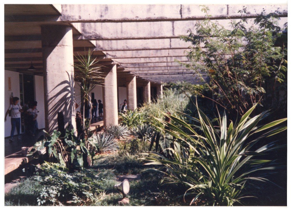 Corredor externo coberto por marquises de concreto, ladeado por vegetação densa, com pessoas caminhando ao fundo — P0015 — SESI — Ribeirão Preto — F009-P0015-1973-S03-D00061