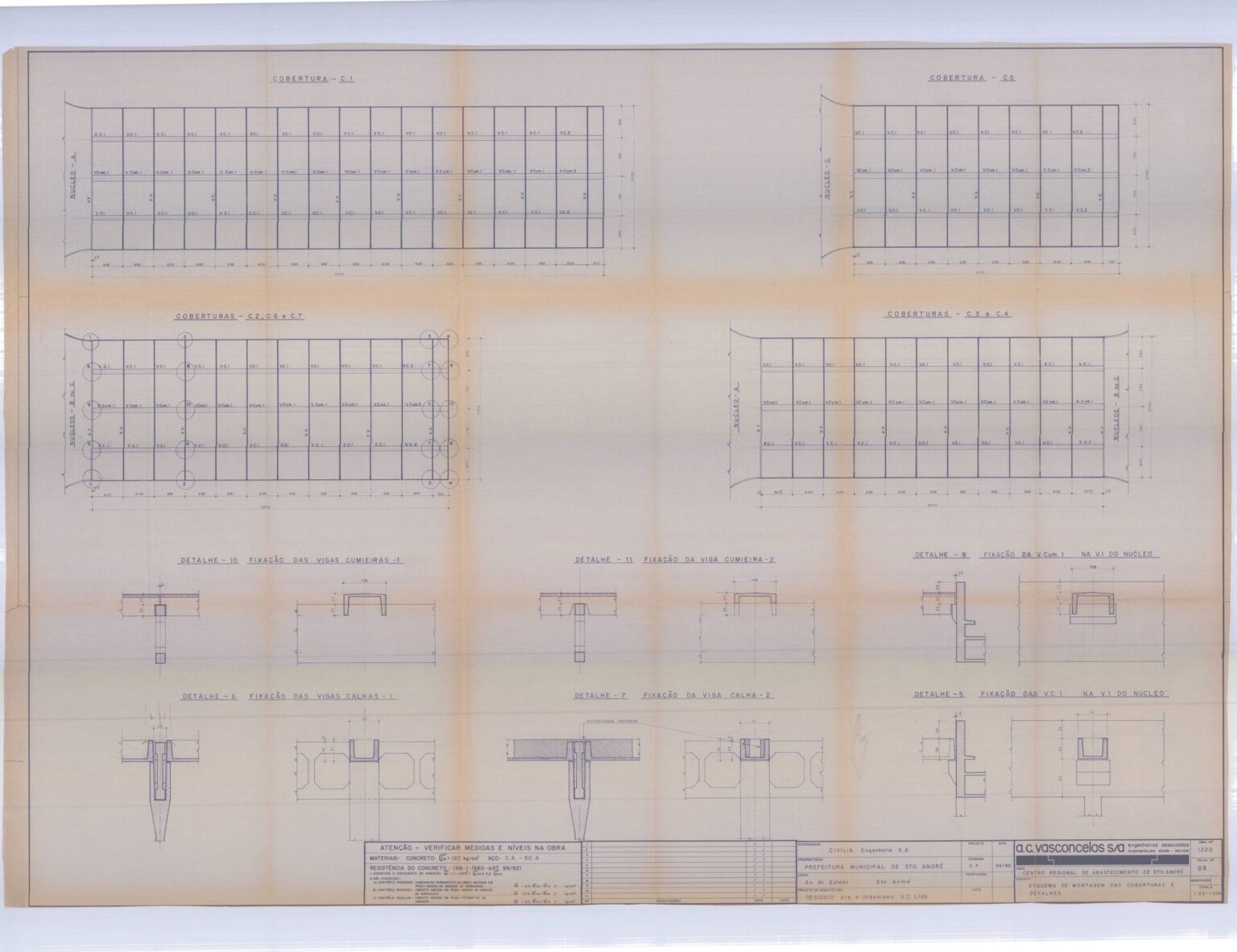 Esquema de montagem das coberturas e detalhes — P0009 — CRASA, Sto. André — F026-P0009-1978-S01-D00025