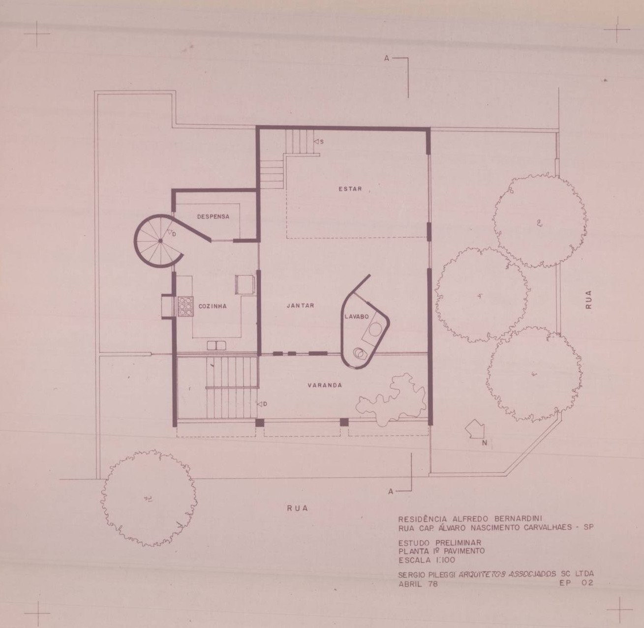 Estudo preliminar - planta 1º pavimento — P0115 — Residencia Alfredo Bernadini — F009-P0115-1978-S01-D00005