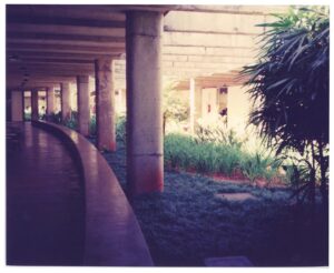 Passagem coberta por laje de concreto apoiada em pilares cilíndricos, com jardim interno ajardinado e vegetação tropical à direita — P0015 — SESI — Ribeirão Preto