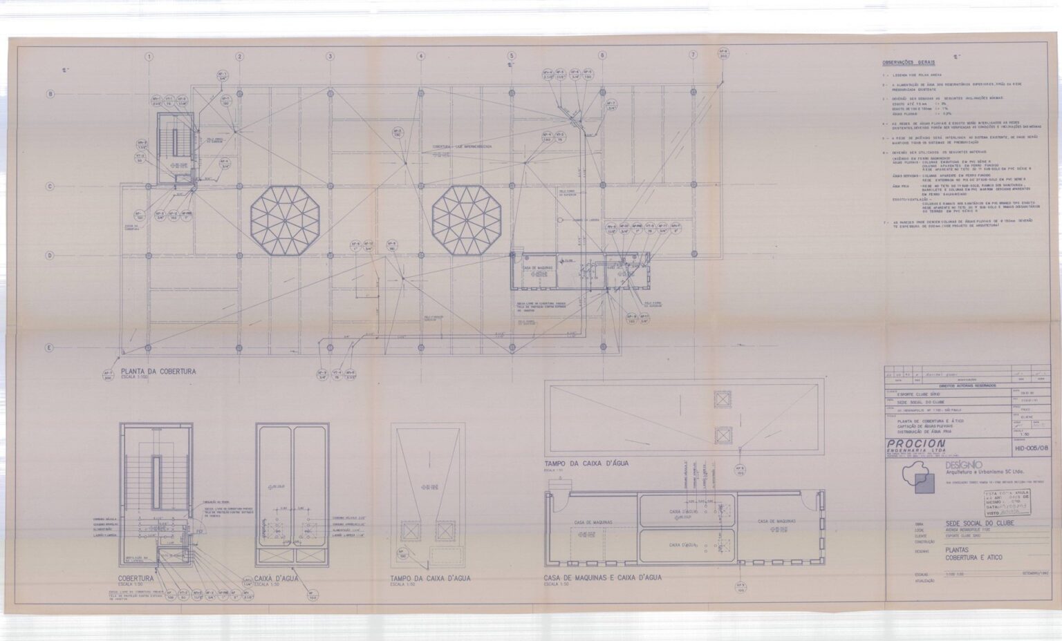 Planta de cobertura e ático - captação de águas pluviais - distribuição de água fria — P0003 — Clube Sírio, Av. Indianópolis — F026-P0003-1992-S01-D00011