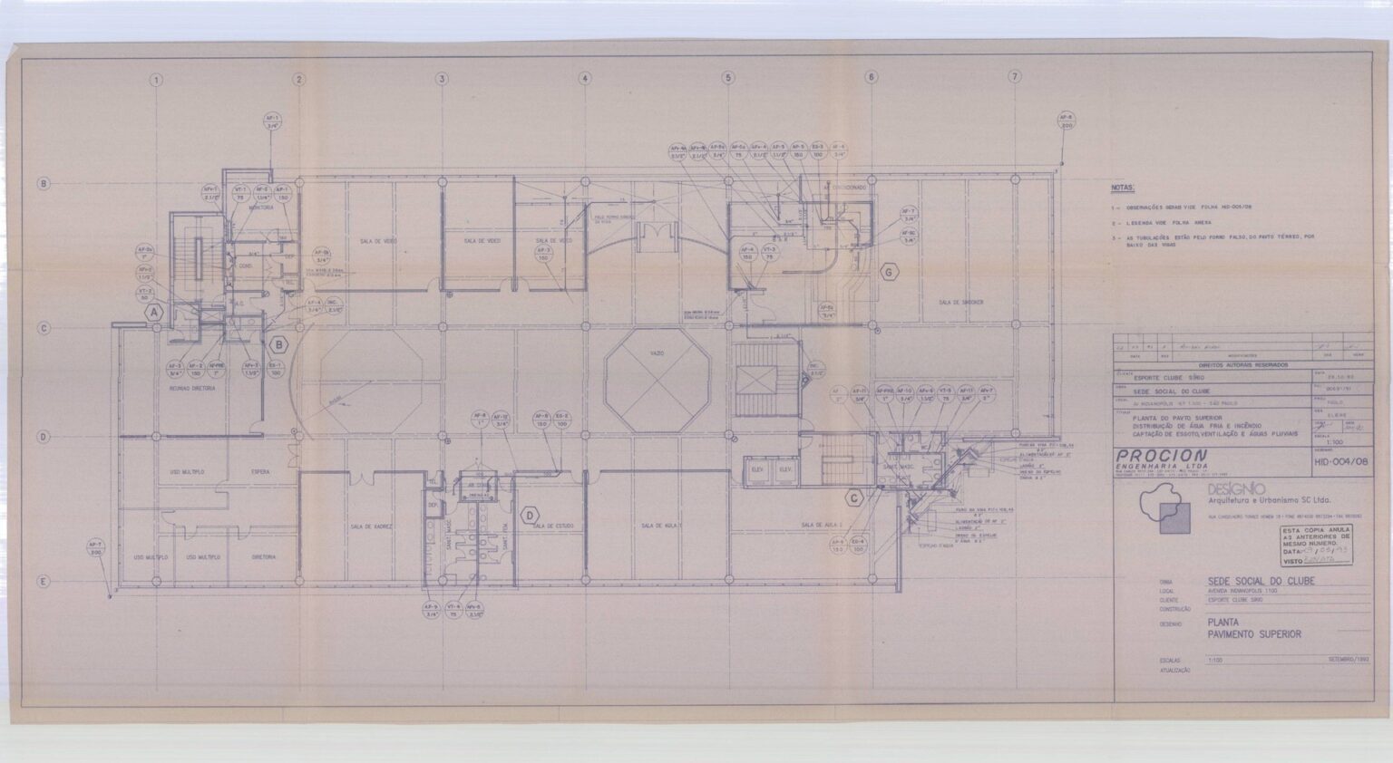 Planta do pavto superior distribuição de água fria e incêndio captação de esgoto, ventilação e águas pluviais — P0003 — Clube Sírio, Av. Indianópolis — F026-P0003-1992-S01-D00010