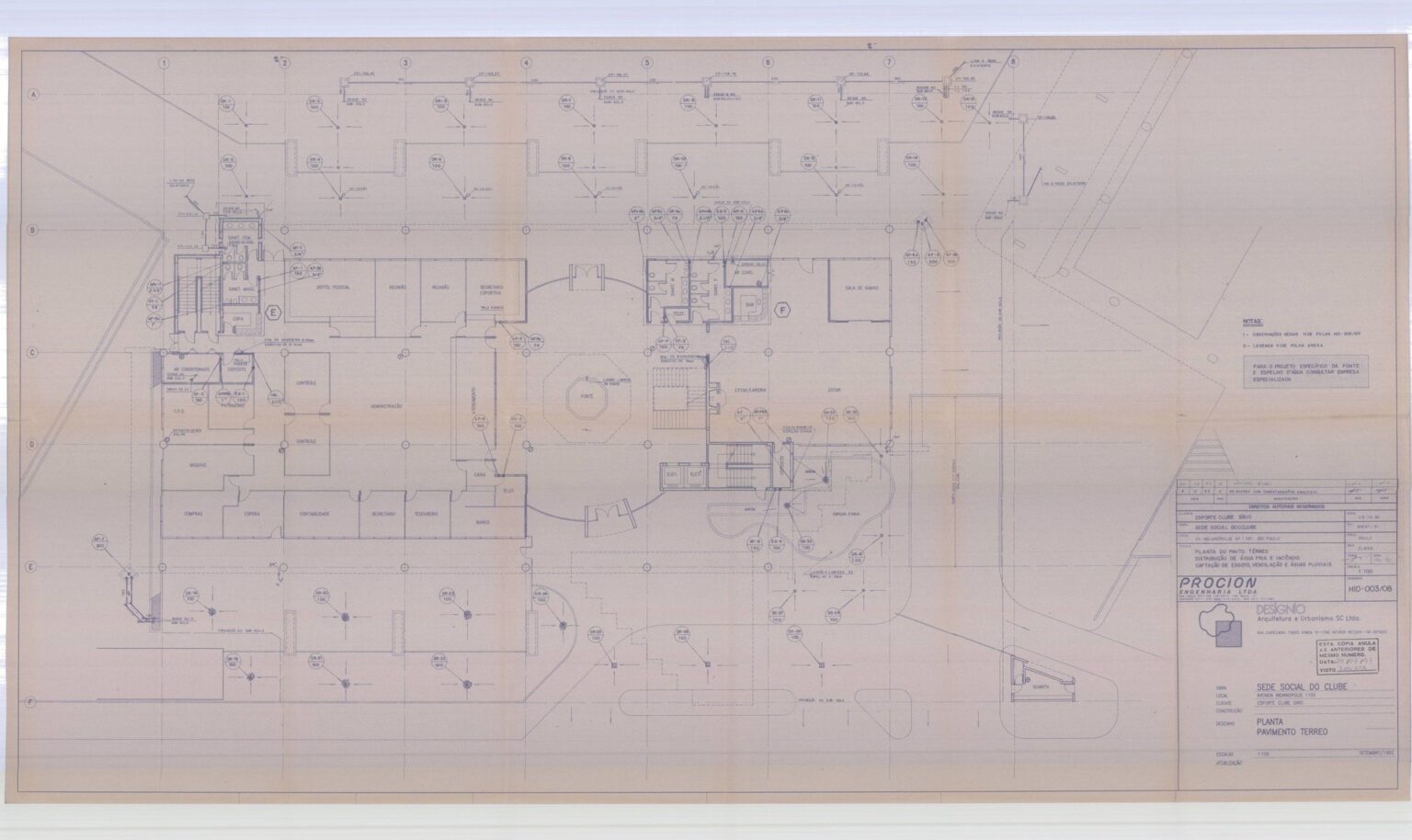 Planta do pavto térreo - distribuição de água fria e incêndio - captação de esgoto, ventilação e águas pluviais — P0003 — Clube Sírio, Av. Indianópolis — F026-P0003-1992-S01-D00009